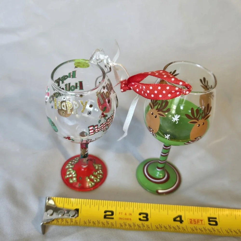 Lolita Happy Holidays Mini Wine Glass Ornament Set Reindeer Christmas Lot of 2